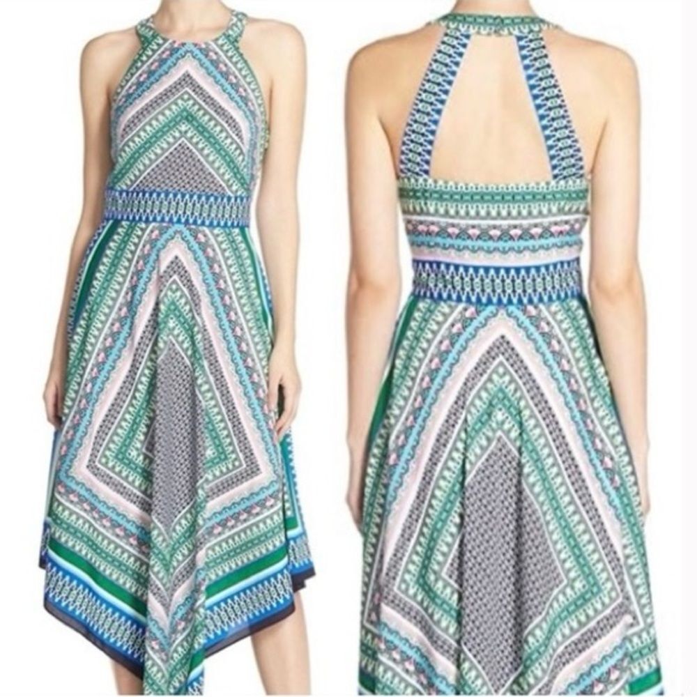Eliza J Halter Handkerchief Hem Scarf Print Dress Green 8